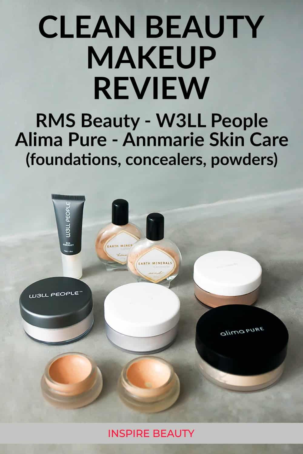 Clean beauty makeup review of foundations, concealers and powders from Annmarie Skin Care, W3LL People, Alima Pure, and RMS Beauty.