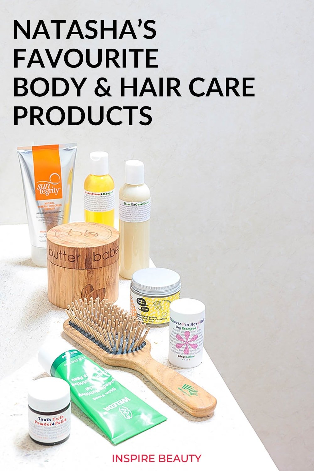 Favorite hair care and body care products from Living Libations, Suntegrity, Bkind, Weleda, Innersense, Meow Meow Tweet