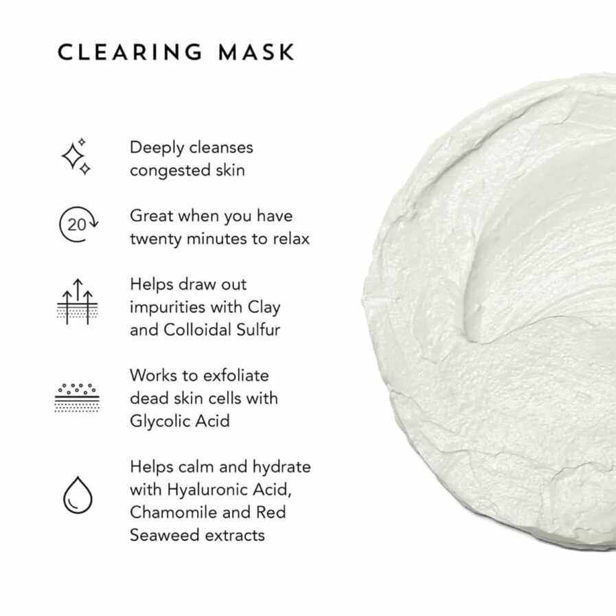 Indie Lee Clearing Mask is a calming and deeply cleansing clarifying facial mask that dissolves surface buildup and debris clogging pores.