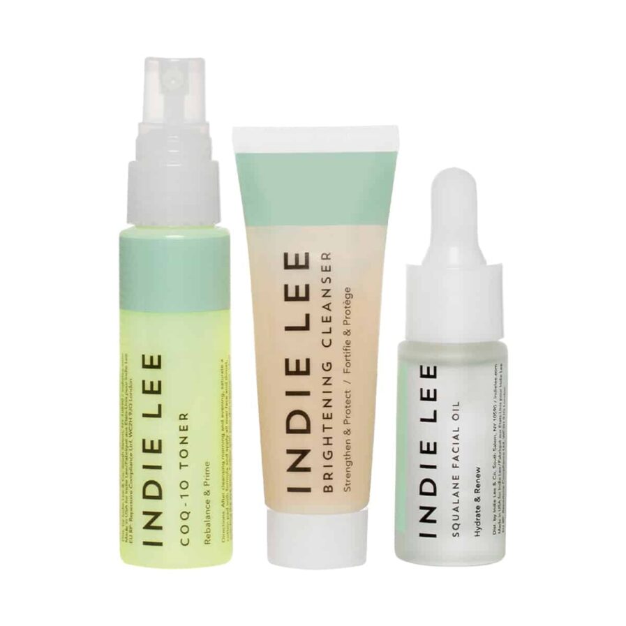 Indie Lee Discovery set is a 3 piece travel friendly kit of Indie Lee bestselling skincare products. The kit contains travel size Brightening Cleanser, CoQ-10 Toner and Squalane Facial Oil.