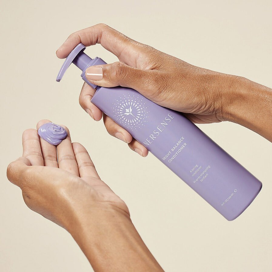 Shop Innersense Bright Balance Conditioner, a purple conditioner to tone blonde and grey hair.