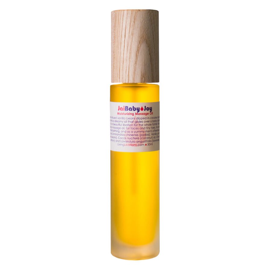 Shop Living Libations Jai Baby Joy, a calming massage oil to moisturize baby's delicate skin.