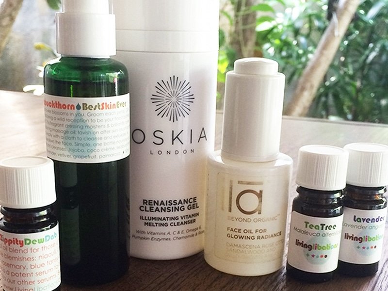 Natasha's natural skincare routine for acne and breakouts featuring products from Oskia, Living Libations, Ila Spa.