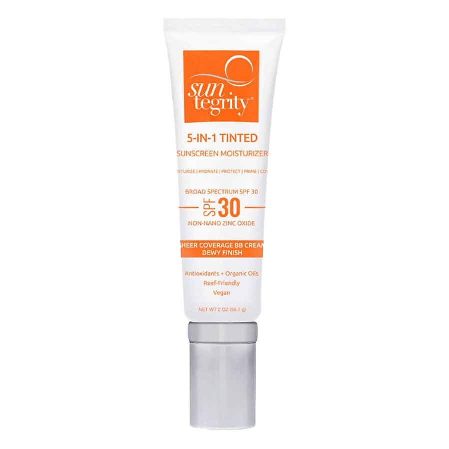 Suntegrity 5in1 Tinted Sunscreen Moisturizer SPF 30, is a broad spectrum tinted mineral sunscreen with a dewy finish, available in 4 shades.