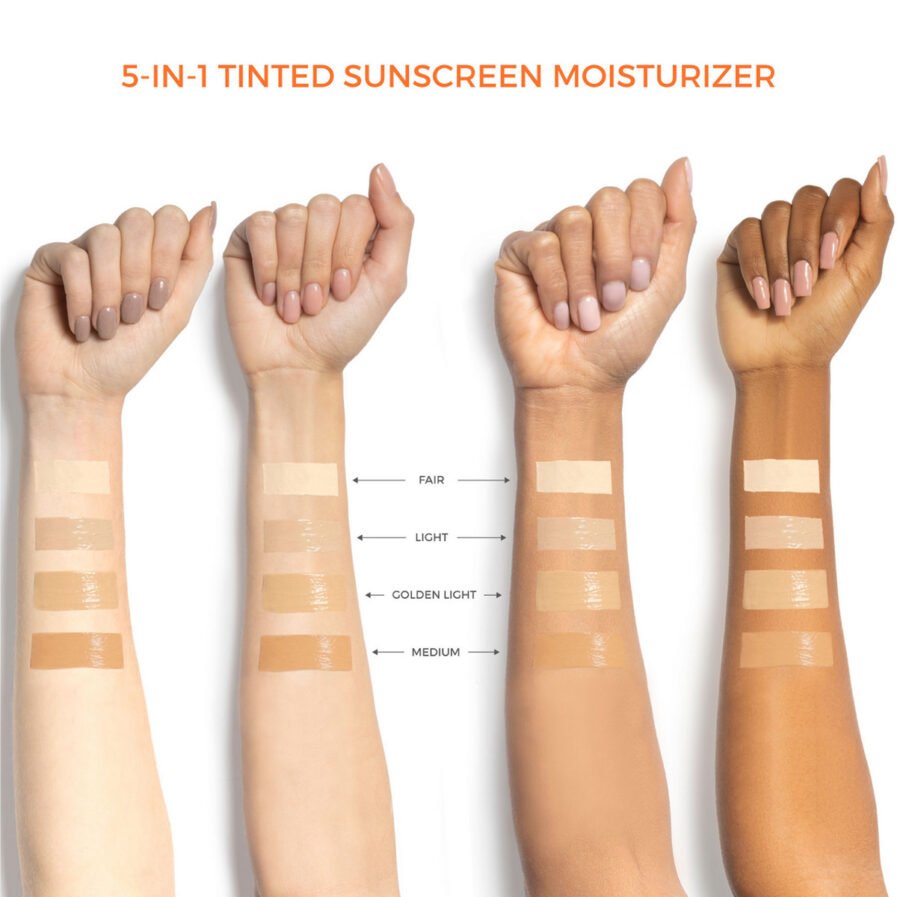 Swatches of all the shades of Suntegrity 5 in 1 Tinted Sunscreen Moisturizer, Broad Spectrum SPF 30.