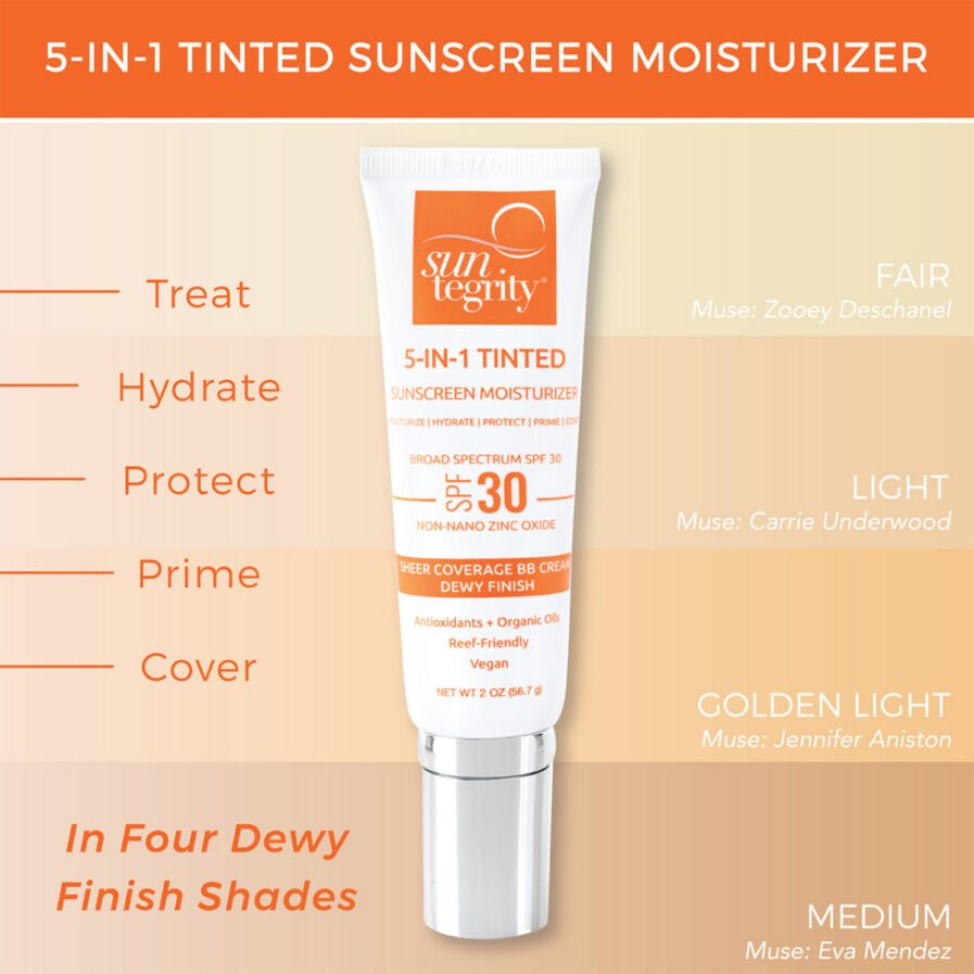 Shop Suntegrity 5in1 Tinted Sunscreen at Inspire Beauty, mineral moisturizer sunscreen with a dewy finish.