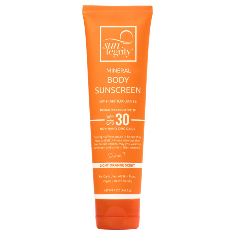 Suntegrity Mineral Body Sunscreen for the body is a moisturizing, non-greasy mineral sunscreen with a light citrus scent.
