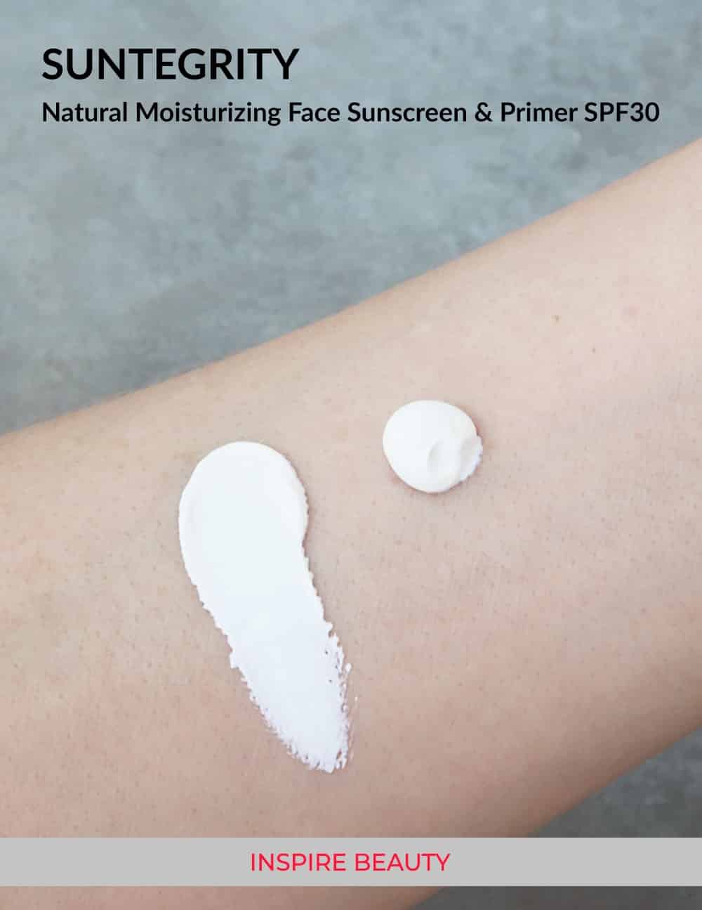 Suntegrity Natural Moisturizing Face Sunscreen swatches, moisturizing primer and sunscreen, perfect smoothing base under makeup.
