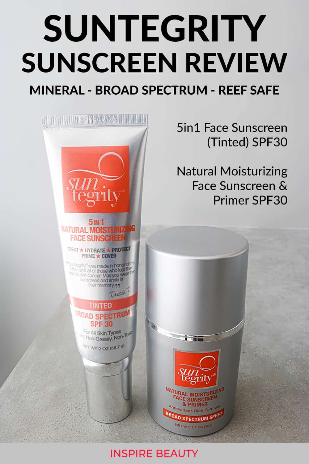 Suntegrity sunscreen reviews of 5 in 1 Sunscreen and Natural Moisturizing Face Sunscreen & Primer SPF30